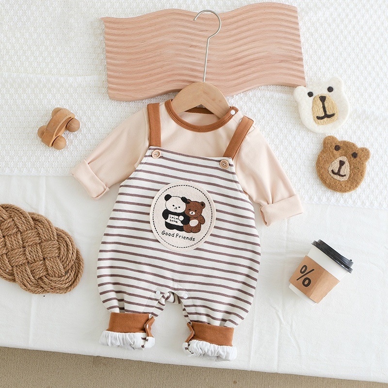 Bộ Áo Liền Quần Dài Tay Hai Dây Thời Trang Xuân Thu Cho Bé Trai + Gái