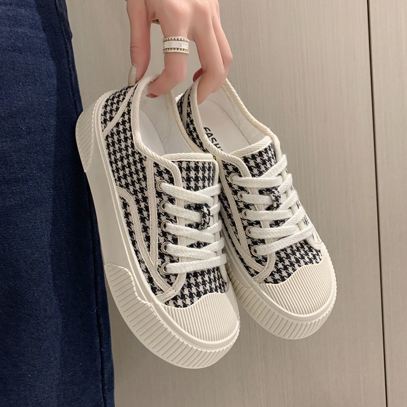 Giày Thể Thao Canvas Đế Dày Họa Tiết Houndstooth Thời Trang Mùa Xuân Mới Cho Nữ