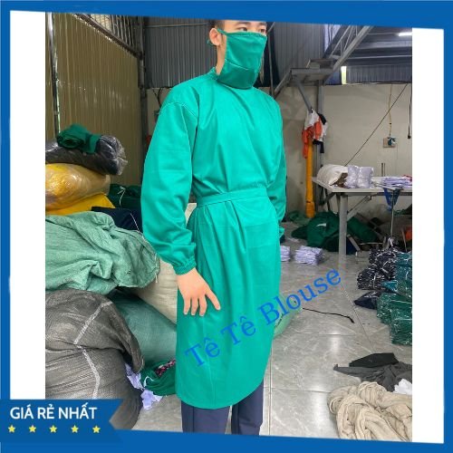 Áo choàng mổ, Áo khoác phẫu thuật có khẩu trang dành cho bác sĩ Nam Nữ, viện thẩm mỹ màu xanh lá cây vải Kaki tiệt trùng