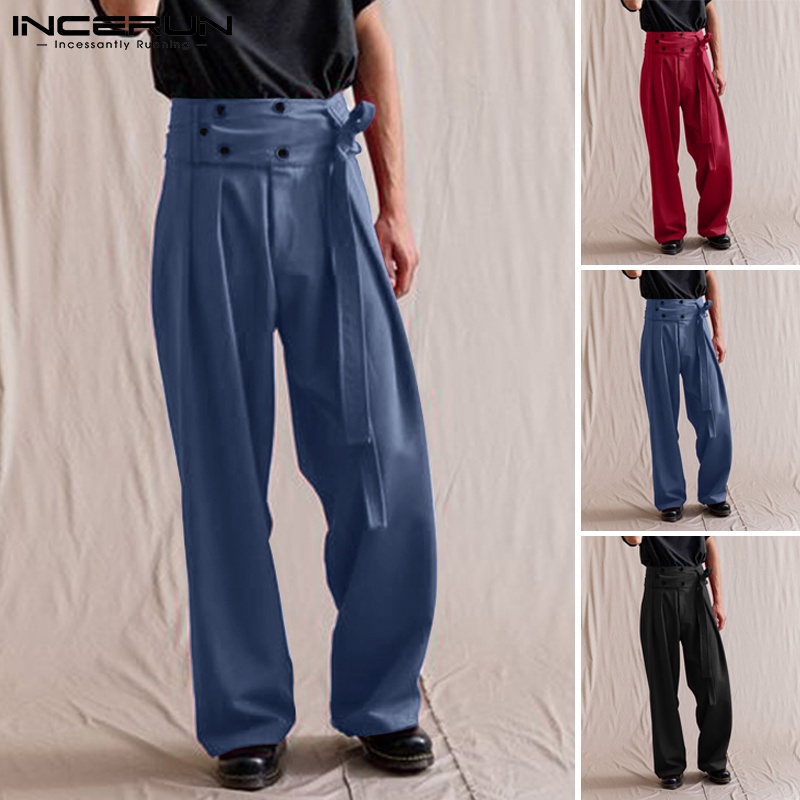 Quần dài INCERUN màu trơn lưng cao phối nút có thắt lưng dành cho nam