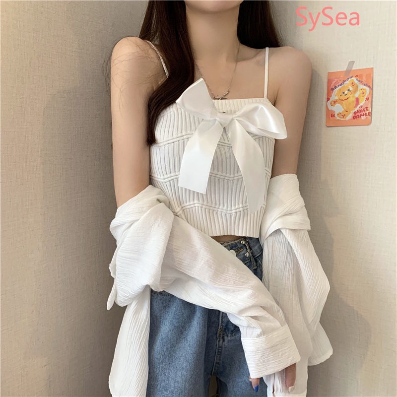 Áo Hai Dây Dệt Kim Phối Nơ Thời Trang Mùa Hè Hàn Quốc Cho Nữ