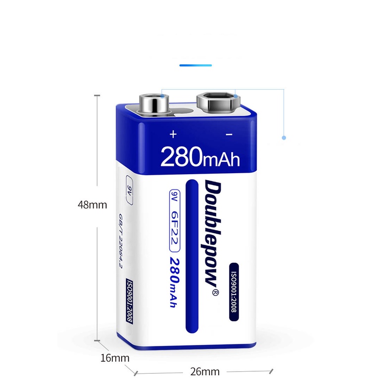 Pin sạc 9V 280mAh Doublepow, pin vuông sạc lại chuyên dụng cho đồng hồ vạn năng, đo điện và thiết bị gia dụng