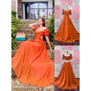 (miễn phí chỉnh váy) sét đầm maxi màu cam áo tay phồng và chân váy xoè thiết kế đi biển du lịch chụp hình sống ảo