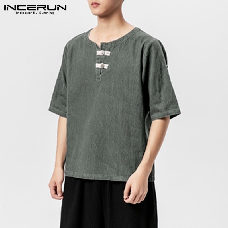 Áo INCERUN Ngắn Tay Màu Trơn Cổ Điển Đơn Giản Cho Nam