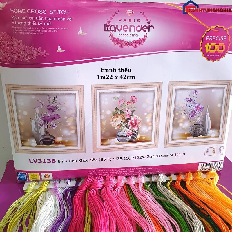 Tranh đính đá, tranh thêu chữ thập bình hoa bộ 3 bức