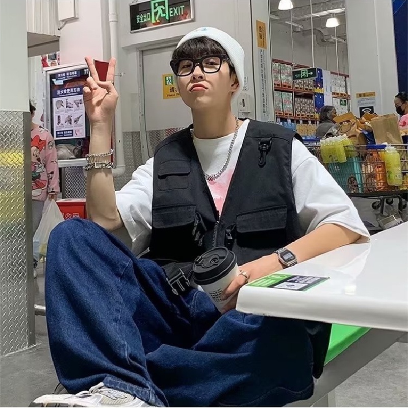 Áo Ba Lỗ Dáng Rộng Nhiều Túi Phong Cách Hip Hop Đường Phố Nhật Bản Cho Nam Cỡ M-2XL