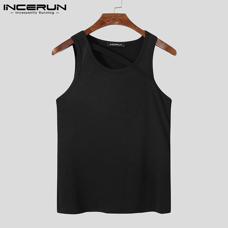 Áo INCERUN dệt kim không tay màu trơn phối dây ôm vừa vặn cho nam mặc thường ngày