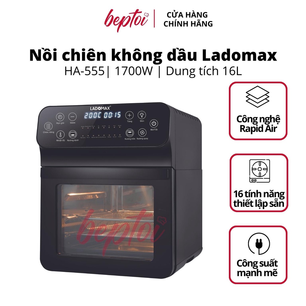 Nồi Chiên Không Dầu Ladomax HA-555 16L, Đen/Trắng, Công Suất 1700W