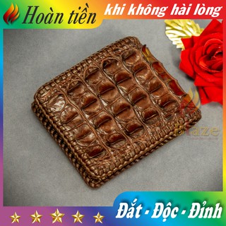 Ví Da Cá Sấu 2 Mặt Đan Viền Gai Lưng - Bóp Da Cá Sấu Đan Viền Cao Cấp BLAZE | Ngang | Nâu