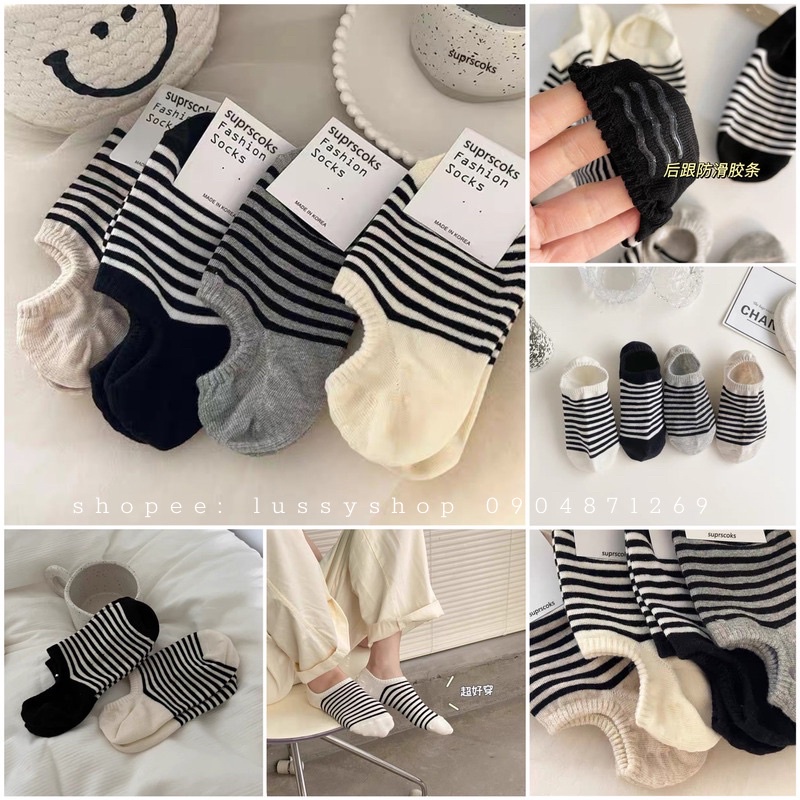 Set Tất Lười Nữ Vintage Chất Cotton Mềm Mịn Vớ Cổ Ngắn Hoạ Tiết Dễ Thương Đế Silicon