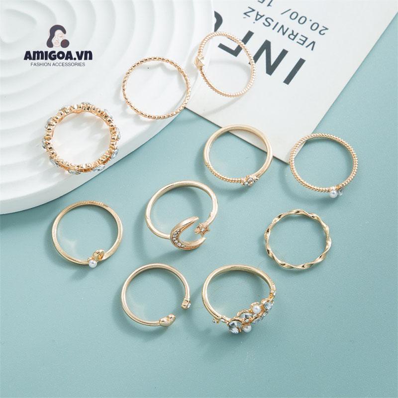 ✨✨set10 Nhẫn Đeo Tay Kim Loại Đính Đá Thời Trang Cho Nữ