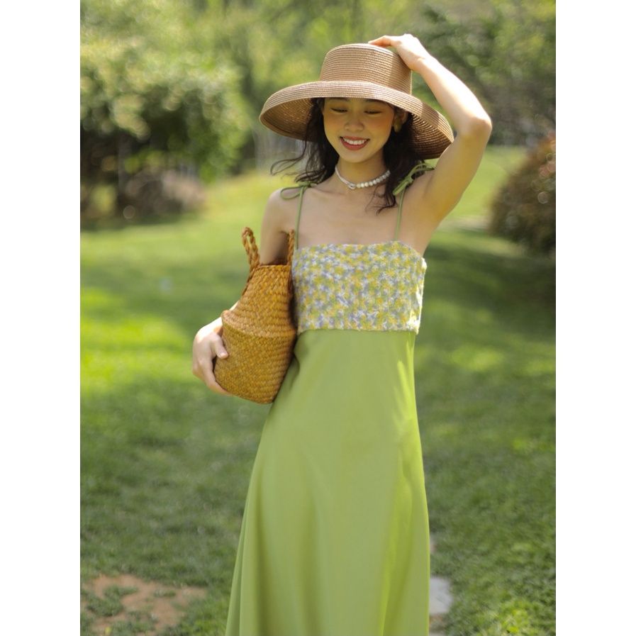 (ORDER) Váy hai dây màu xanh lá phối hoa xanh thon eo xòe dài kiểu Pháp vintage du lịch (hàng order hot)