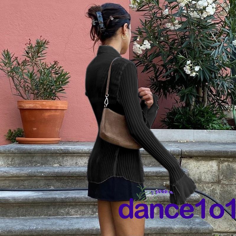 Áo sơ mi tay dài ống loe màu trơn phong cách retro thời trang quyến rũ cho nữ