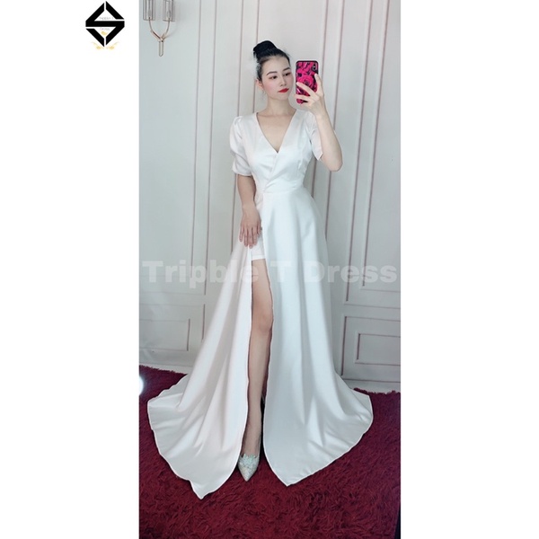 Đầm maxi cổ V đắp chéo tay phồng xẻ đùi có quần trong TRIPBLE T DRESS - MS183Y