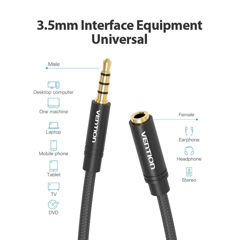 Dây nối dài 3.5 mm có cả mic tai nghe chính hãng VENTION