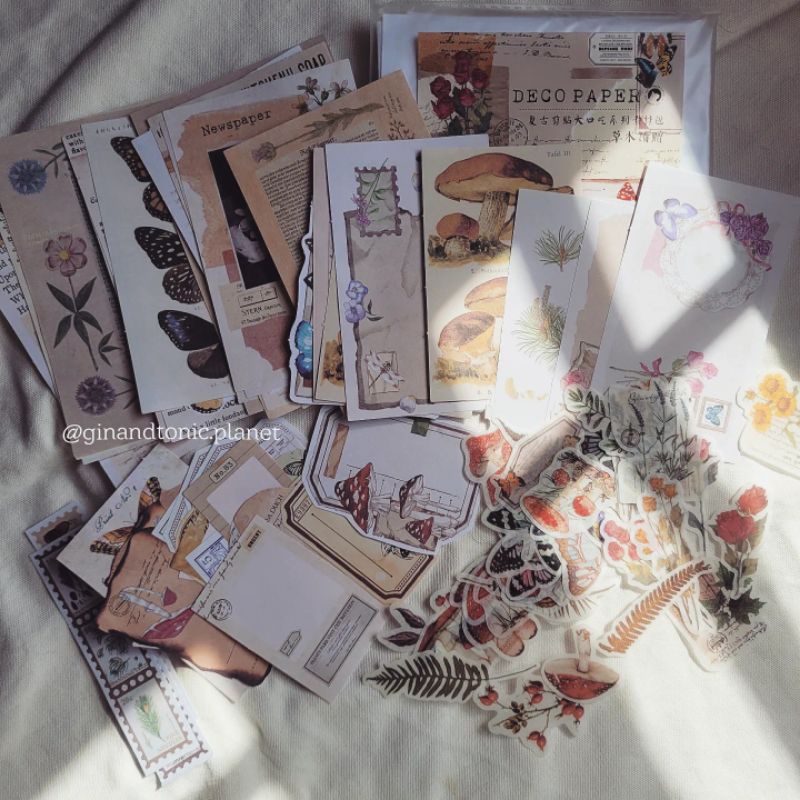 Set 100 món decor vintage gồm sticker và giấy nền dùng trang trí sổ bullet journal - ginandtonic