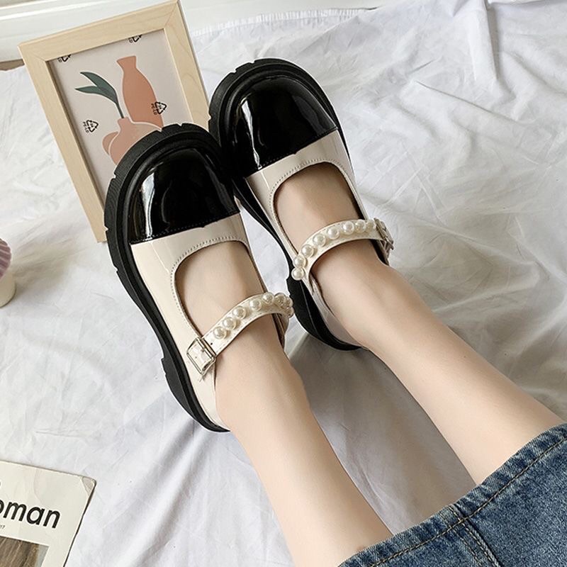 Giày Lolita quai ngọc da mềm,giày búp bê phong cách ulzzang đế cao 3-5P