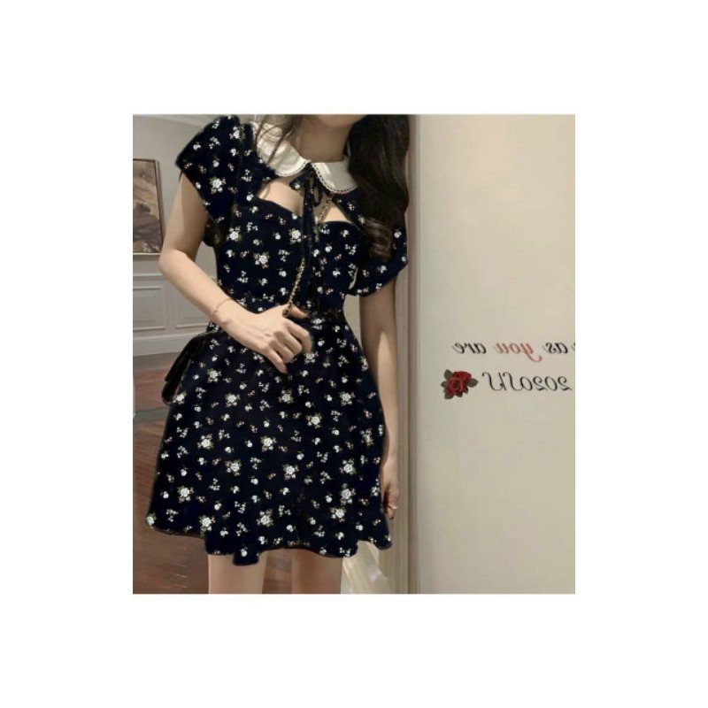 đầm xòe hoa đen phối cổ sen🌸HÀNG SẴN DX1940