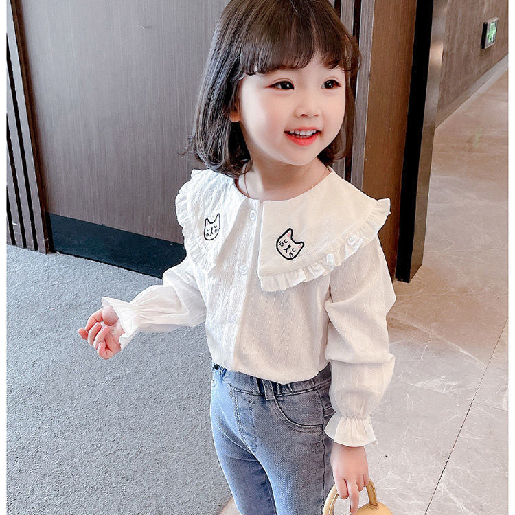Cute Korean Style Cotton Doll Neck White Shirt For Girls 2021