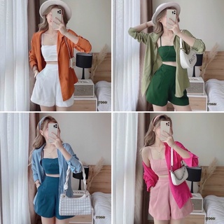 Set 3 món croptop bra kèm quần shorts phối áo sơ mi
