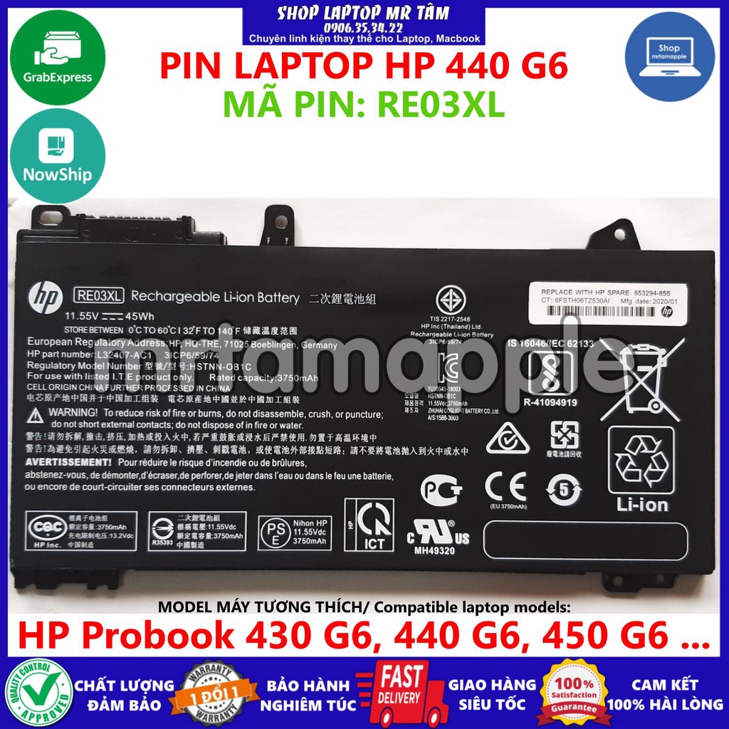 (BATTERY) PIN LAPTOP HP 440 G6 RE03XL (ZIN) (3 CELL) dùng cho Probook 430 G6, 440 G6, 450 G6, RE03XL