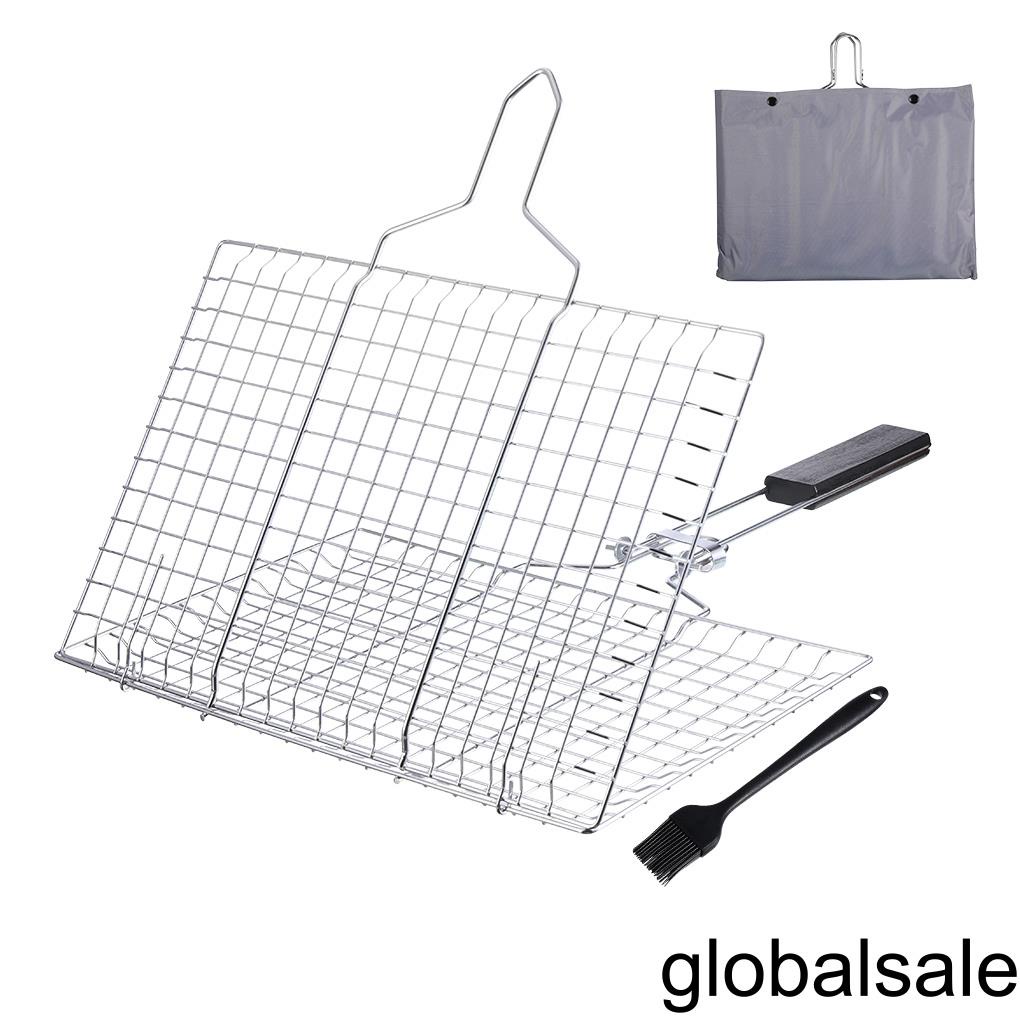 [Global] Barbecue Grilling Basket Metal Handle BBQ Grill Net Folding Portable Cooking Grid Rack with Spice Brush