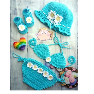 Bikini len cho bé gái màu xanh hoa trắng