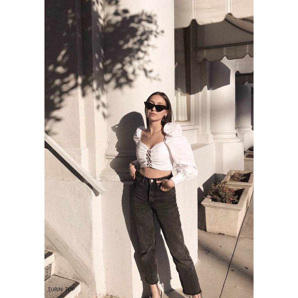 NAPUBEE ÁO Croptop Trắng Tay Dài Đan Dây Thiết Kế, Áo Kiểu Sơ Mi TURIN TOP