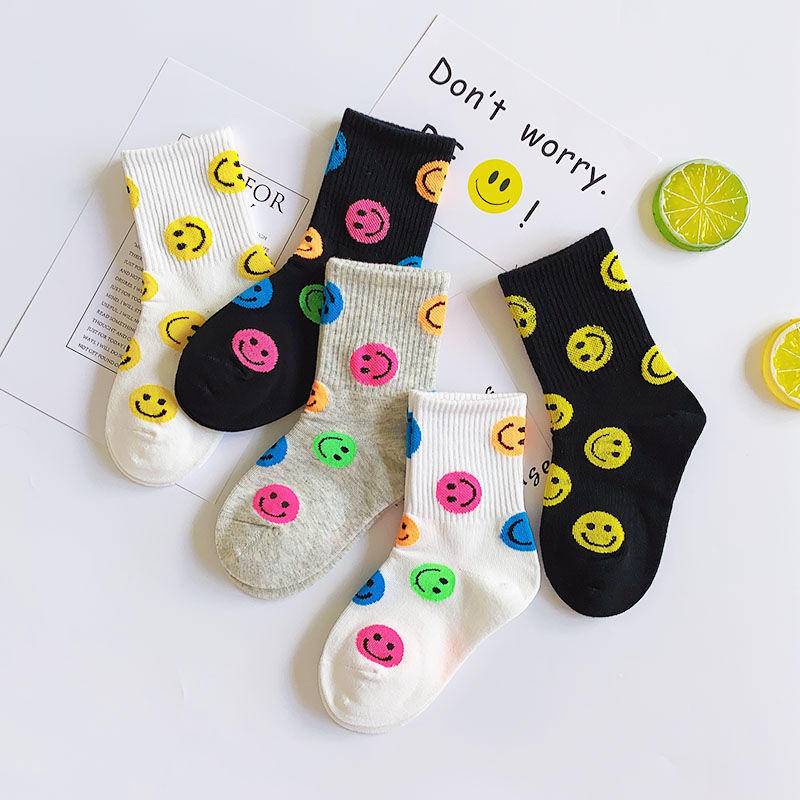 Vớ Cotton Trơn Thoáng Khí Thoải Mái In Hình Mặt Cười Phong Cách Hàn Quốc Dễ Phối Đồ Thời Trang Xuân Thu Cho Bé Trai Và Gái 1-15 Tuổi Mi