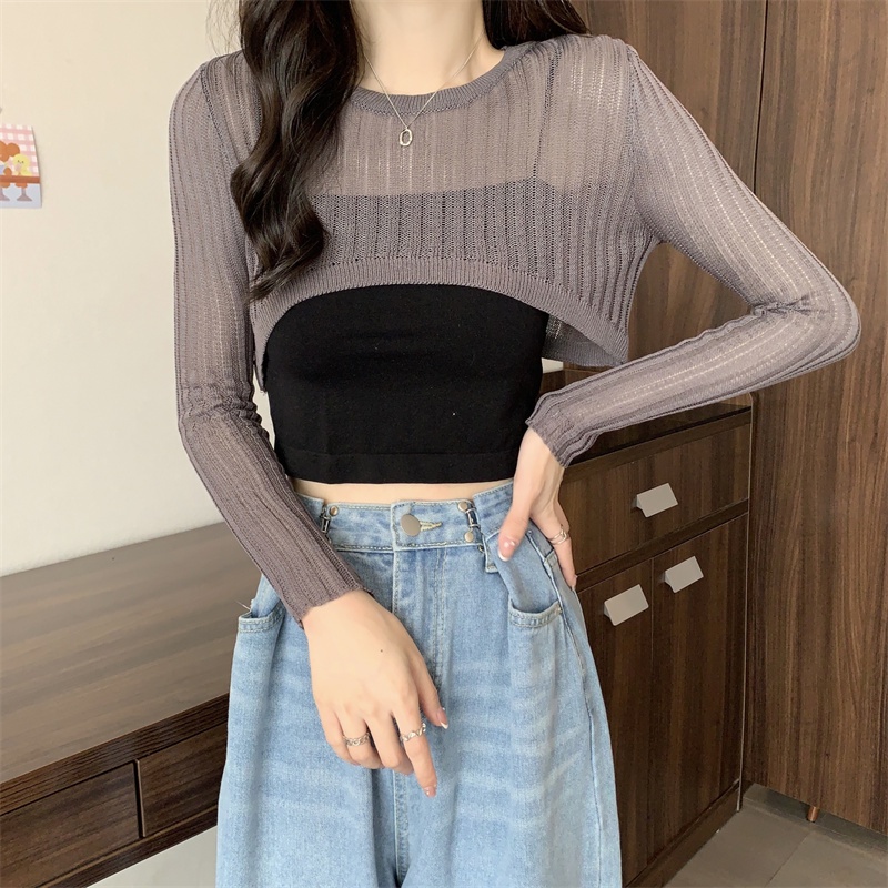 SUXI Áo Croptop Dệt Kim Tay Dài Dáng Rộng Chống Nắng Màu Sắc Trơn Phong Cách Hàn Quốc Thời Trang Mùa Hè Cho Nữ