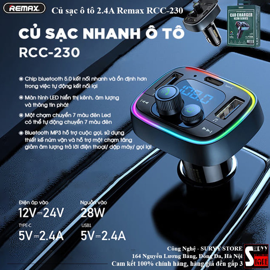 Củ sạc ô tô 2.4A Remax RCC-230, Kết nối Bluetooth điều khiển cuộc gọi, Hỗ trợ sạc USB + Type C 2 - Bảo hành 6 tháng
