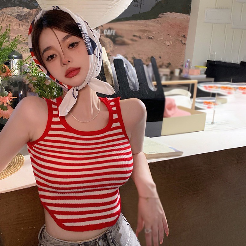 Áo Hai Dây Dệt Kim Dáng Ôm Họa Tiết Kẻ Sọc Thời Trang Quyến Rũ Cho Nữ