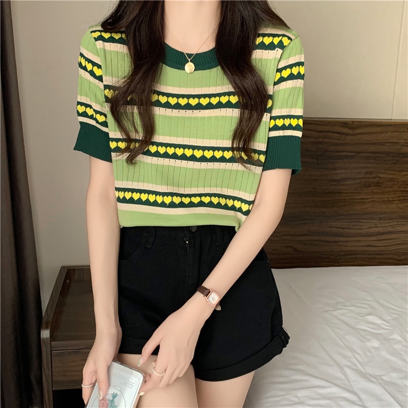 Áo thun dệt kim mỏng tay ngắn dáng rộng thời trang trẻ trung năng động