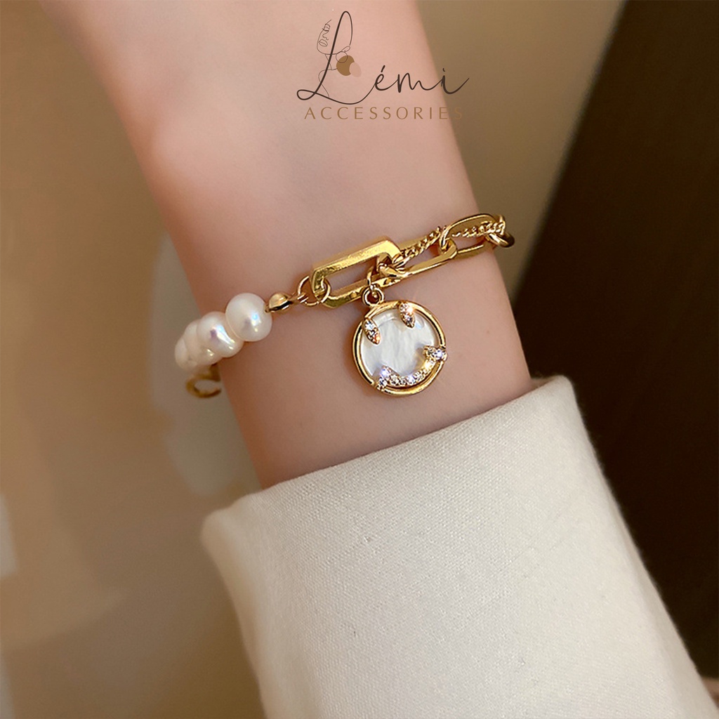 Lắc tay hạt trai nước ngọt mặt cười LEMI Vòng tay Retro số 5 bền màu thời trang Hàn Quốc