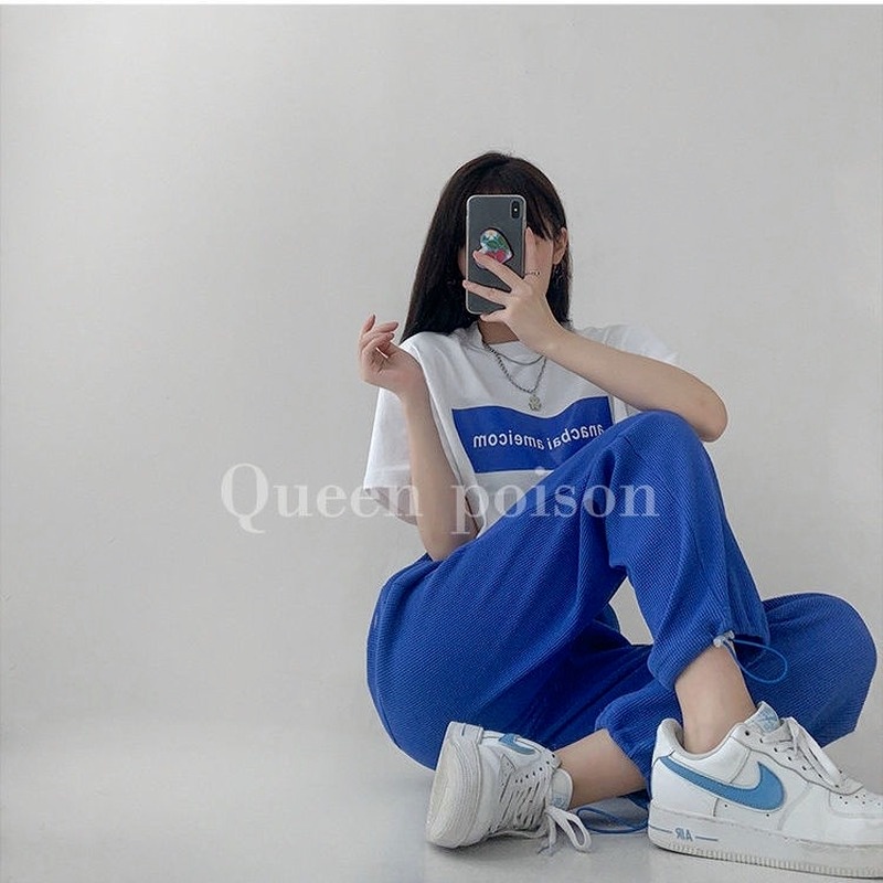 Quần dài thể thao lưng cao ống rộng thời trang cho nữ