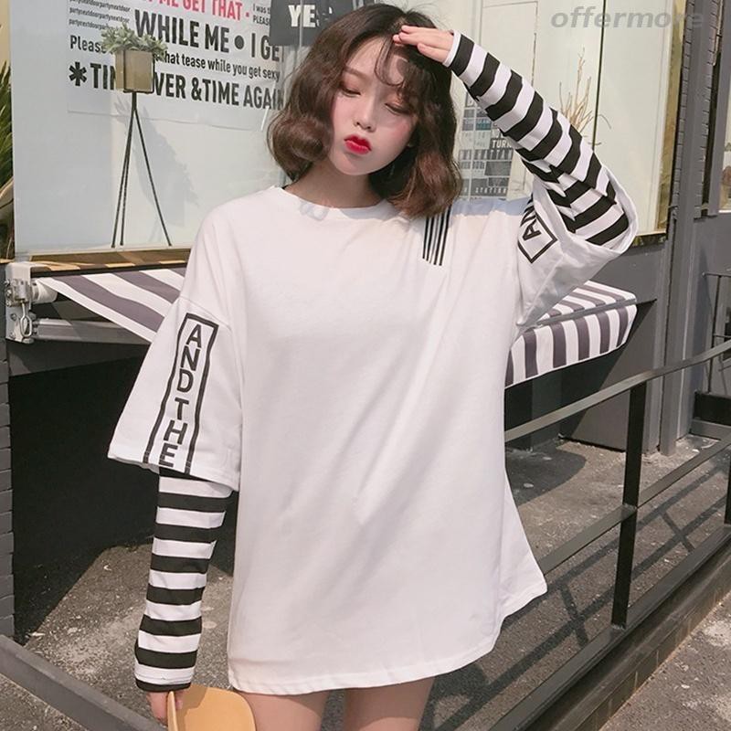 offermore□□ Women Hip-Pop Korean Style Punk Girls Hole Fake Harajuku Style Wear Loose áo rút áo tiểu thư áo bigsize