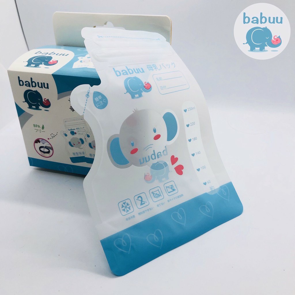 Hộp 50 túi trữ sữa 250ml Babuu Nhật Bản hình Voi có vòi rót tiện lợi