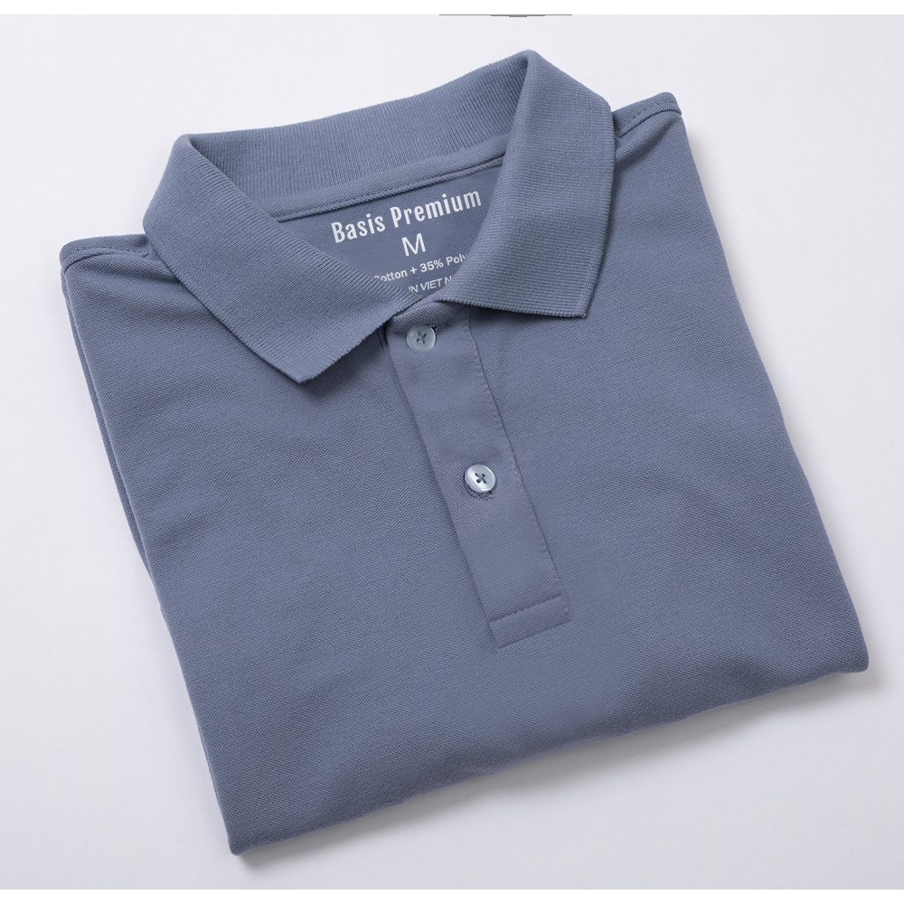 Áo polo trơn màu xanh da trời denim, chất liệu cotton gai cao cấp, BASIS 22_XANHDENIM | BigBuy360 - bigbuy360.vn