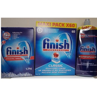Bộ sản phẩm muối rửa bát finish, viên rửa bát finish và nước làm bóng Finish 400ml