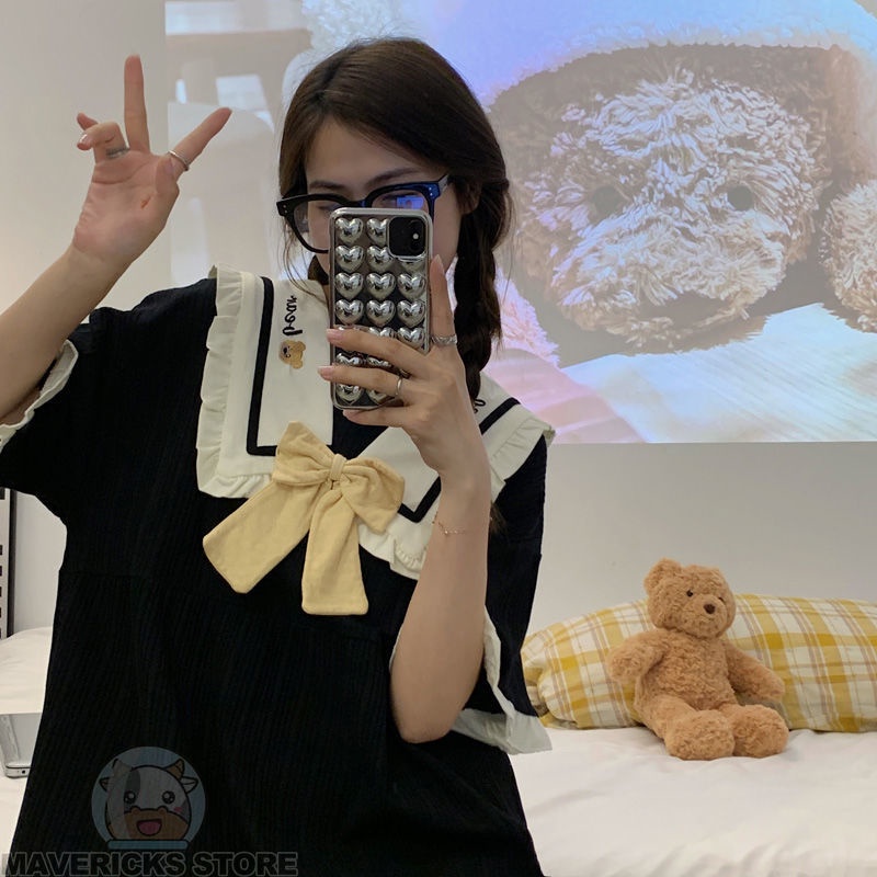 Bộ Đồ Ngủ Hai Mảnh Phối Bèo Màu Đen Phong Cách Hàn Quốc Thời Trang Mùa Hè Cho Nữ