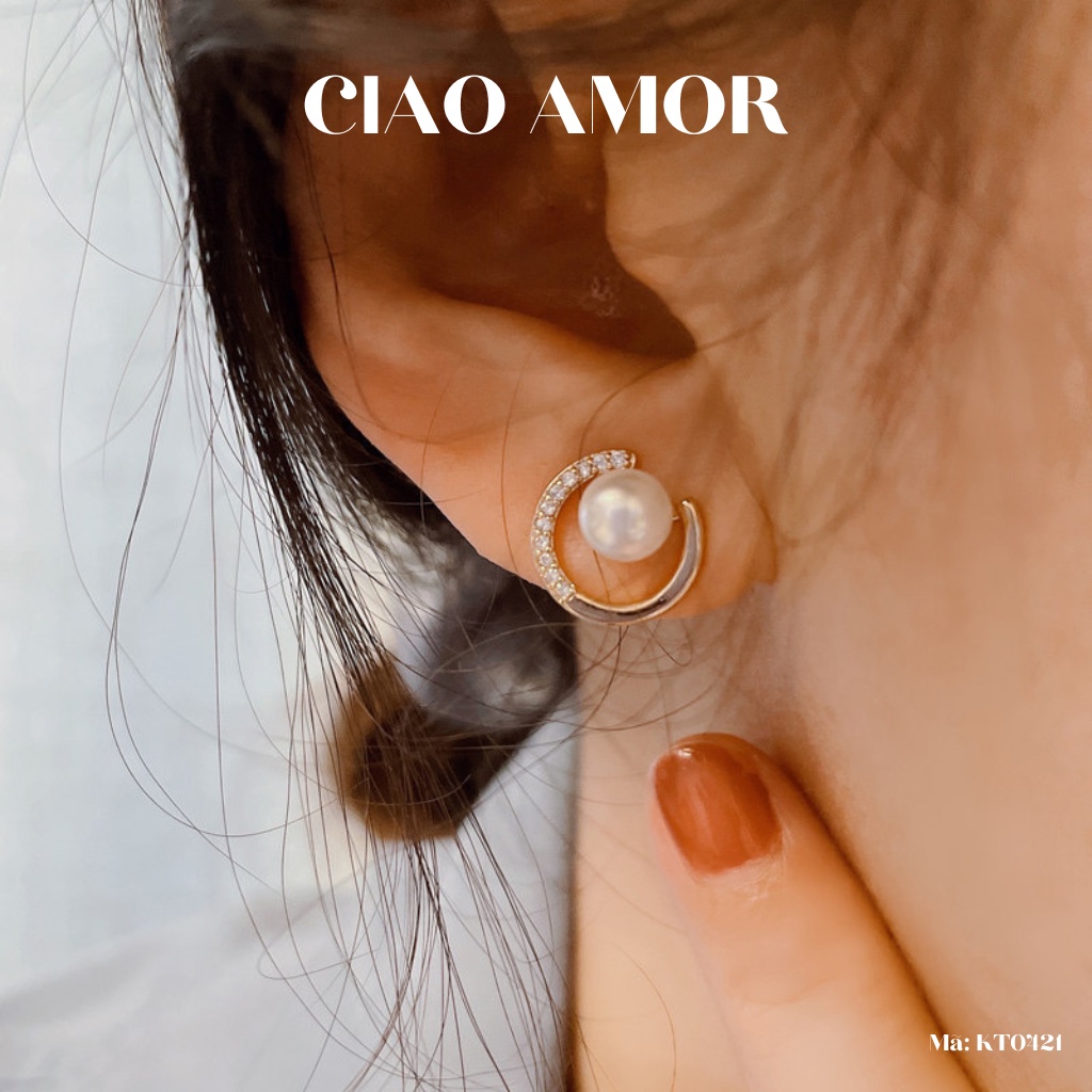 KT0421-Khuyên tai nữ, Bông tai nữ nụ tròn bạc 925 vòng nhỏ đính ngọc giữa Trang sức Ciao Amor