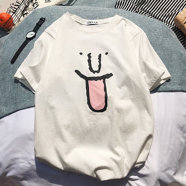 NUZIRO Áo thun  ngắn tay in họa tiết hoạt hình 4 màu lựa chọn phong cách Hàn Quốc vui nhộn