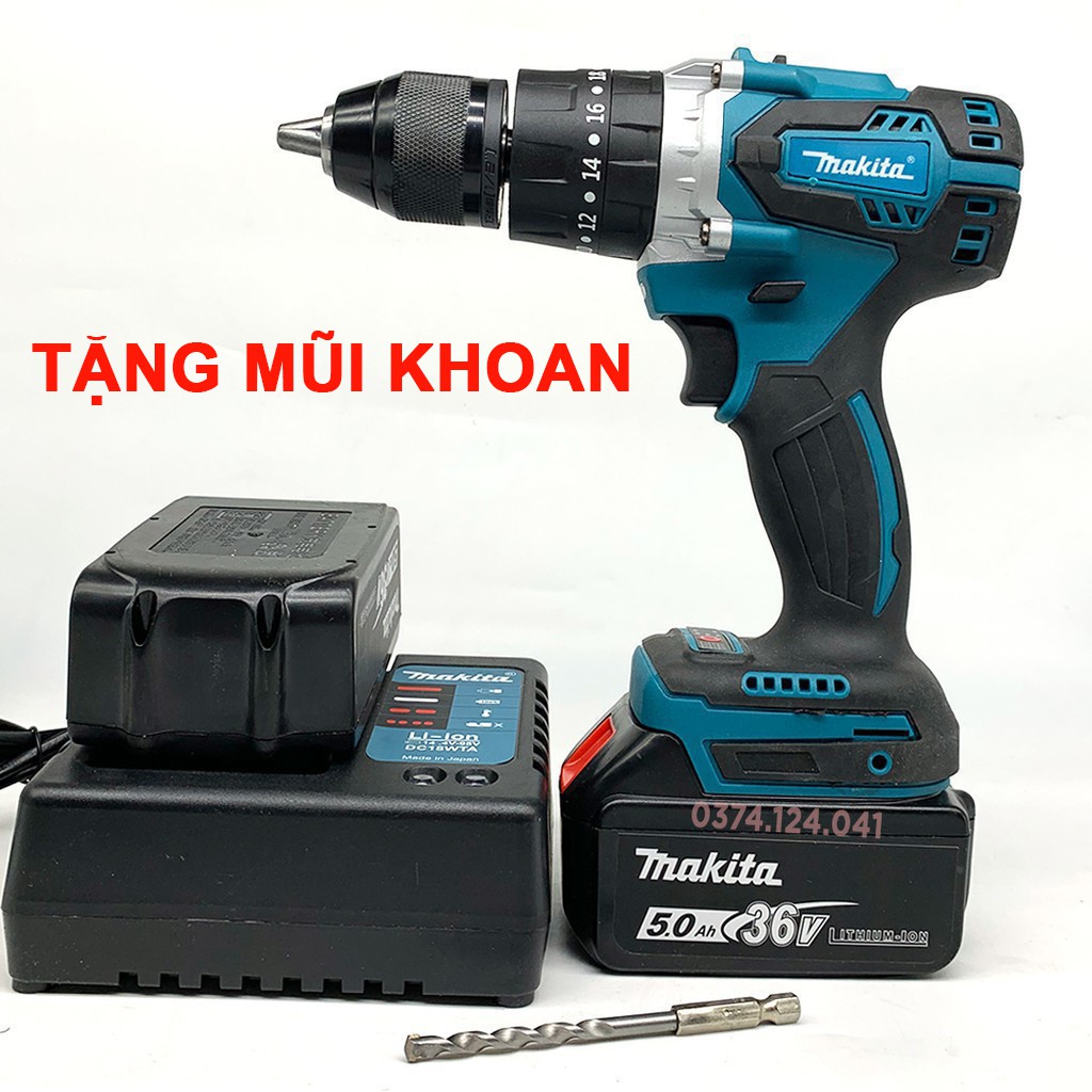 [TẶNG MŨI KHOAN] Máy khoan pin MAKITA 36V - KHÔNG CHỔI THAN - Có Búa, Bắt Vít, Siết Bulong - Pin 10 Cell - Lõi đồng 100%