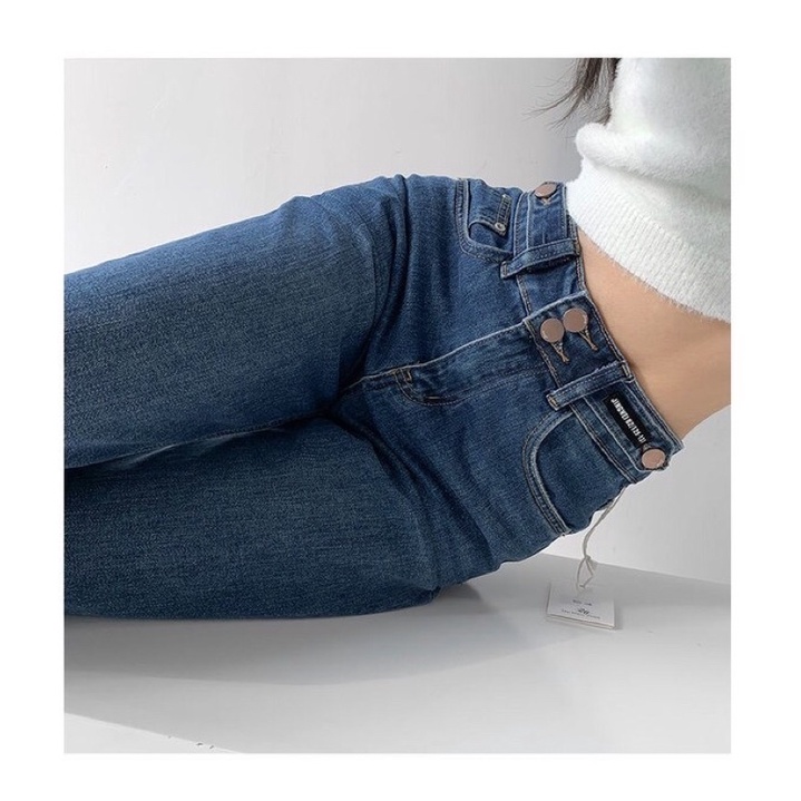 Quần jean nữ phối 2 khuy cạp cao, quần denim màu xanh đậm ống rộng suông dài phong cách Uzzllang