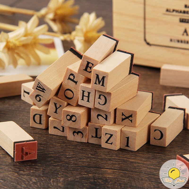 Bộ 36 con dấu gỗ Full chữ cái Alphabet + Chữ số kèm Hộp mực đóng dấu trang trí sổ và thiệp