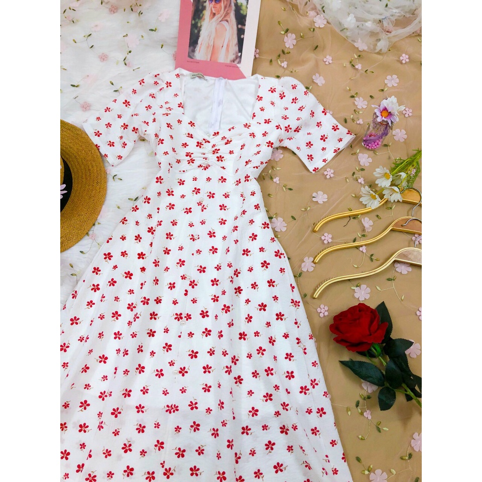 Đầm Hoa Nhí Vintage ❤️FREESHIP❤️ Dáng Xòe Tay Phồng Ngắn Xẻ Tà Nhún Ngực Đính Hạt Sang Chảnh