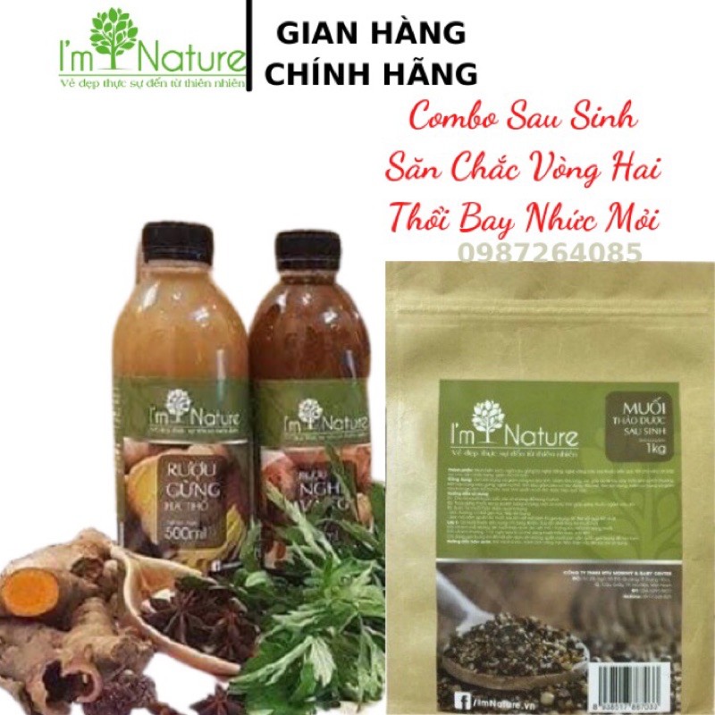 +(Quà) Combo Muối Thảo Dược + Rượu Gừng( 500ml) +Rượu Nghệ(500ml) I'm Nature Cho Mẹ Sau Sinh+ Túi Chướm