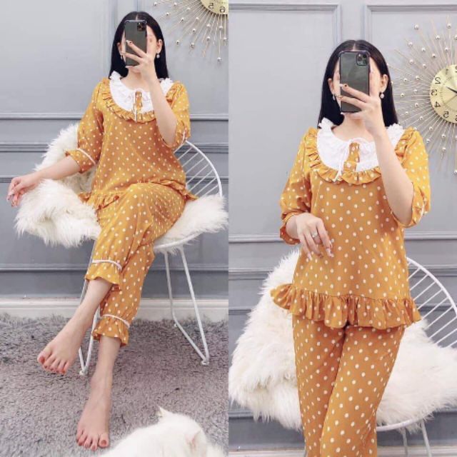 Bộ lụa voan mặc nhà chấm bi tay lỡ quần dài (clip sản phẩm thật shop tự quay)