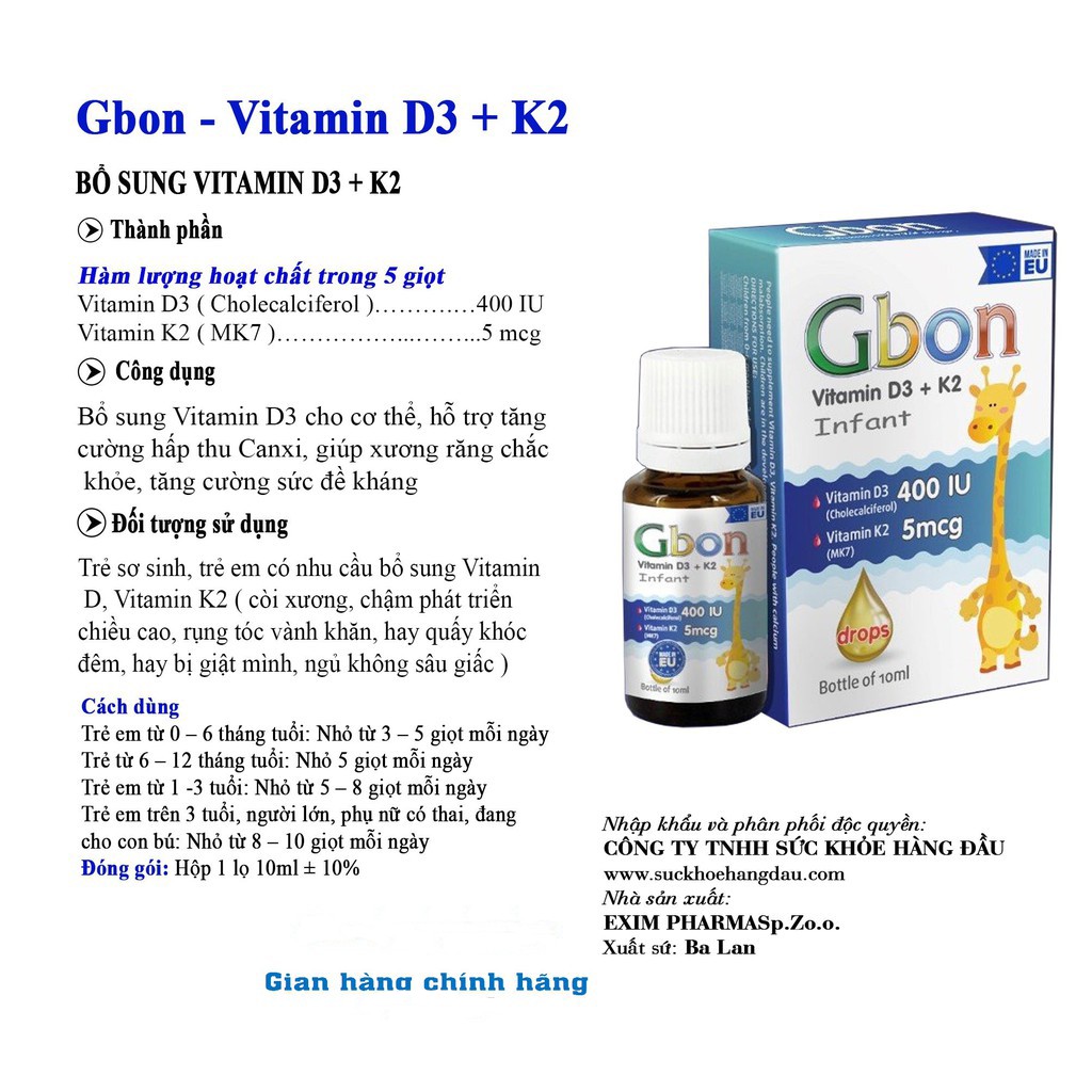 ✔️️️(Tặng quà xinh) Gbon Vitamin D3 + K2 - Bổ sung D3K2 giúp hấp thu Canxi tối đa, xương chắc khỏe, Trẻ cao lớn