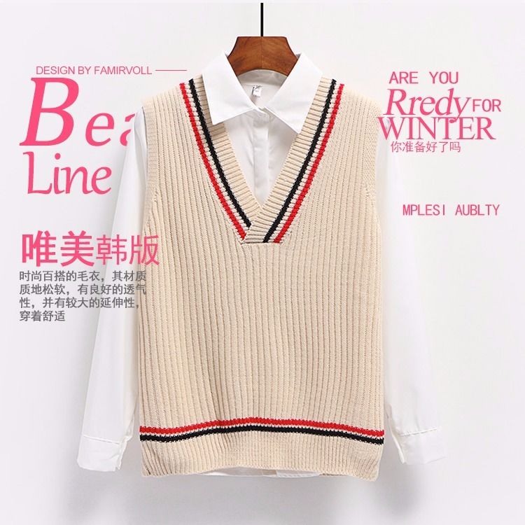 Áo len không tay cổ V phối sọc dáng rộng thời trang Hàn Quốc cho nữ sinh | BigBuy360 - bigbuy360.vn